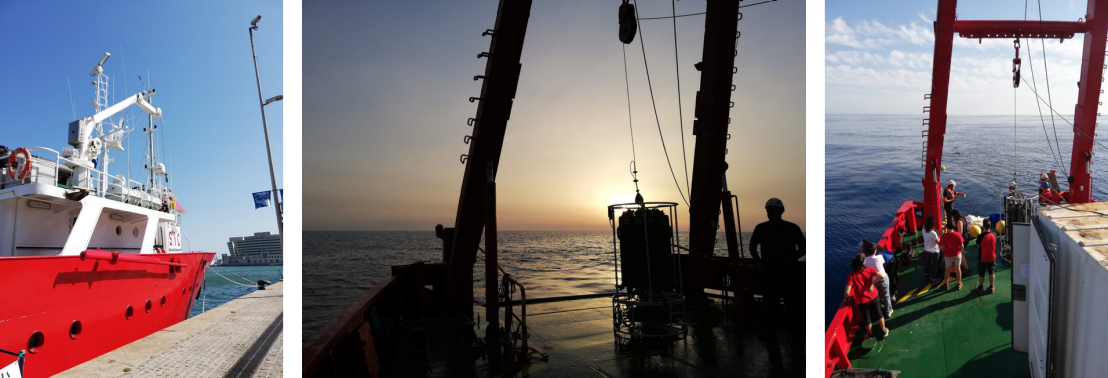 Left: The ship García del Cid in the harbor of Barcelona. Middle: Six o’clock in the morning, the CTD is ready for water sampling. Right: Launching of the Lagrangian buoys for the diurnal experiment. Photo credit: Zoé Le Bras 